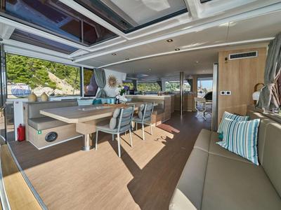 Salon of La Grande Bellezza, a Bali 5.4 catamaran at Figari/Golfo Aranci, Italy