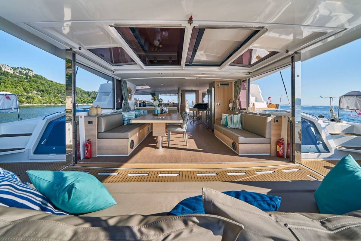 Deck of La Grande Bellezza, a Bali 5.4 catamaran at Figari/Golfo Aranci, Italy