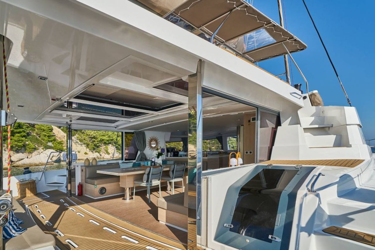 Deck of La Grande Bellezza, a Bali 5.4 catamaran at Figari/Golfo Aranci, Italy