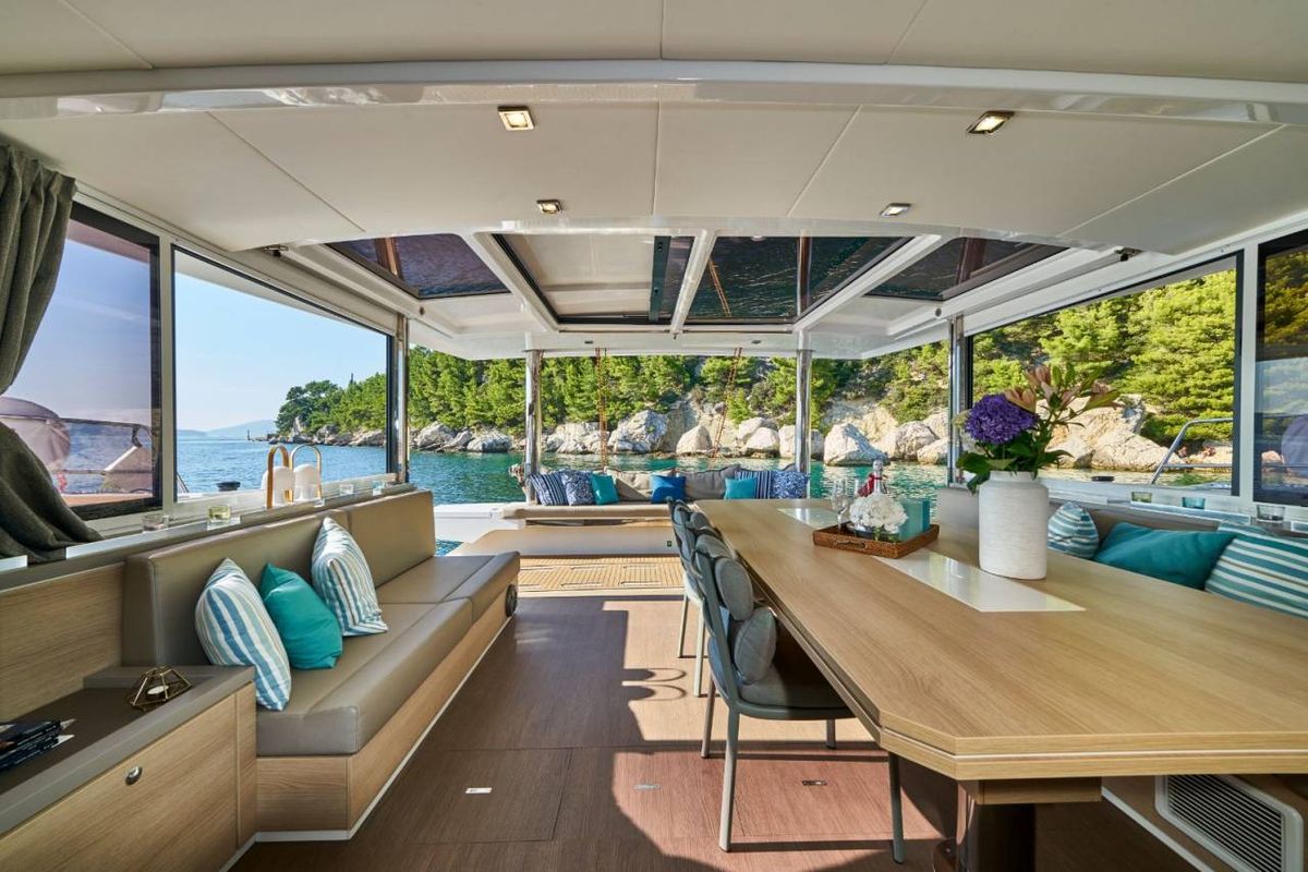 Deck of La Grande Bellezza, a Bali 5.4 catamaran at Figari/Golfo Aranci, Italy