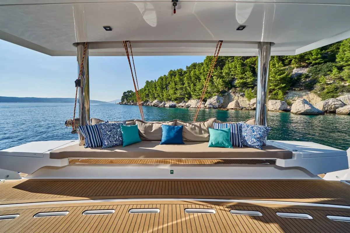 Deck of La Grande Bellezza, a Bali 5.4 catamaran at Figari/Golfo Aranci, Italy