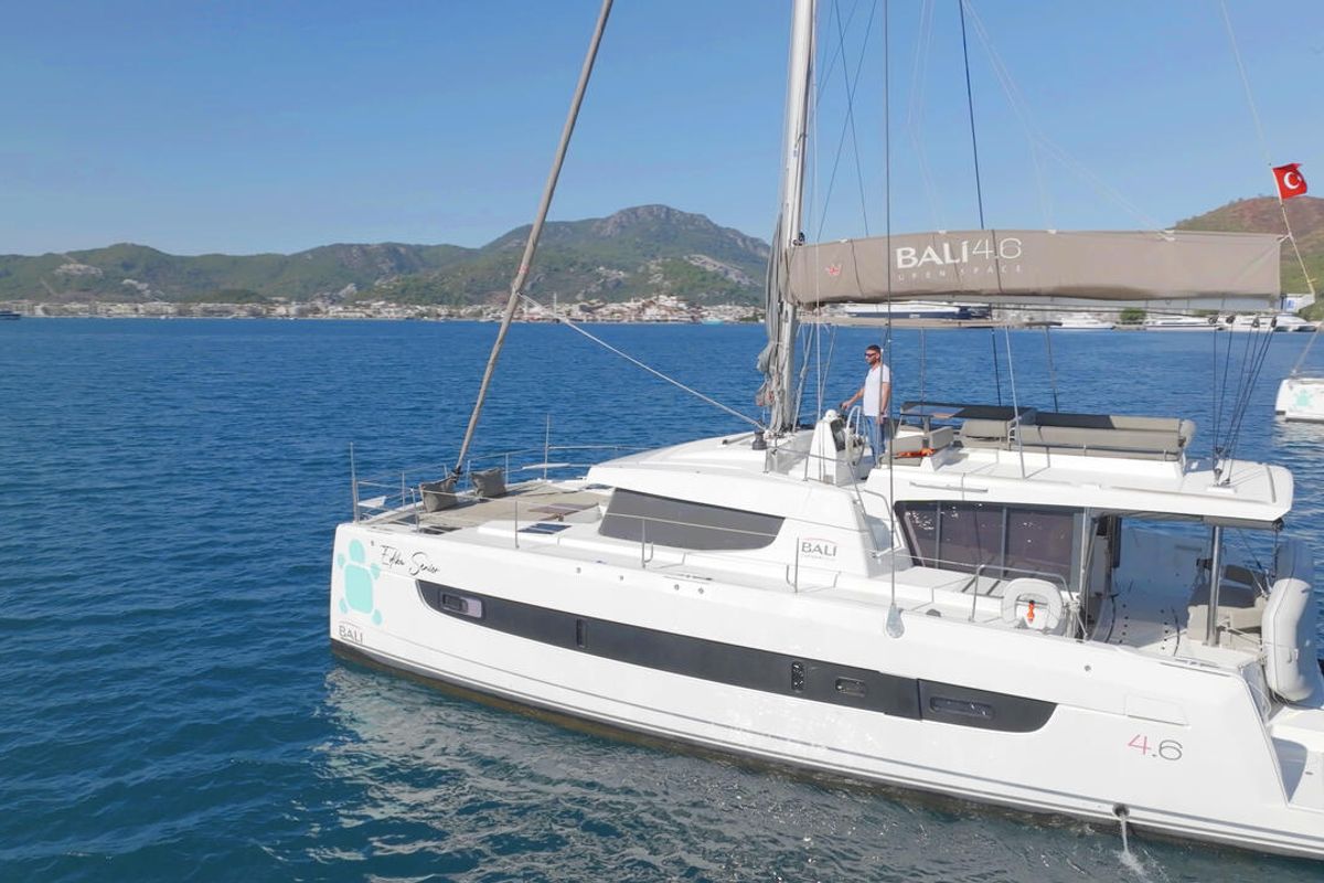 Exterior view of Ediba Senior, a Bali 4.6 catamaran at Marmaris, Turkey