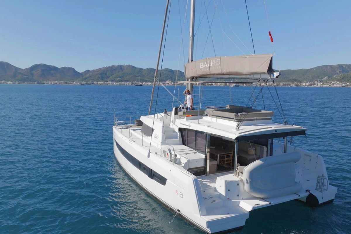 Exterior view of Ediba Senior, a Bali 4.6 catamaran at Marmaris, Turkey