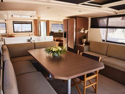 Salon of Ediba Senior, a Bali 4.6 catamaran at Marmaris, Turkey