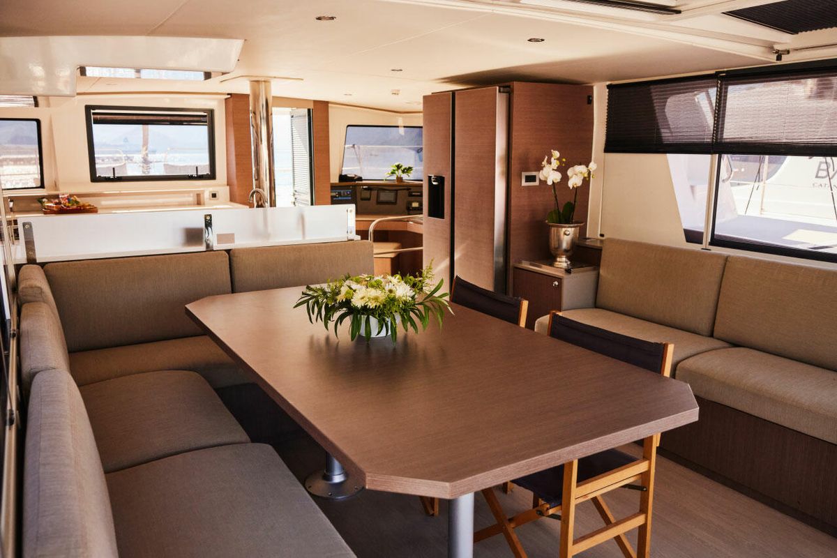 Salon of Ediba Senior, a Bali 4.6 catamaran at Marmaris, Turkey