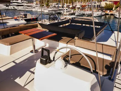 Cockpit of Ediba Senior, a Bali 4.6 catamaran at Marmaris, Turkey