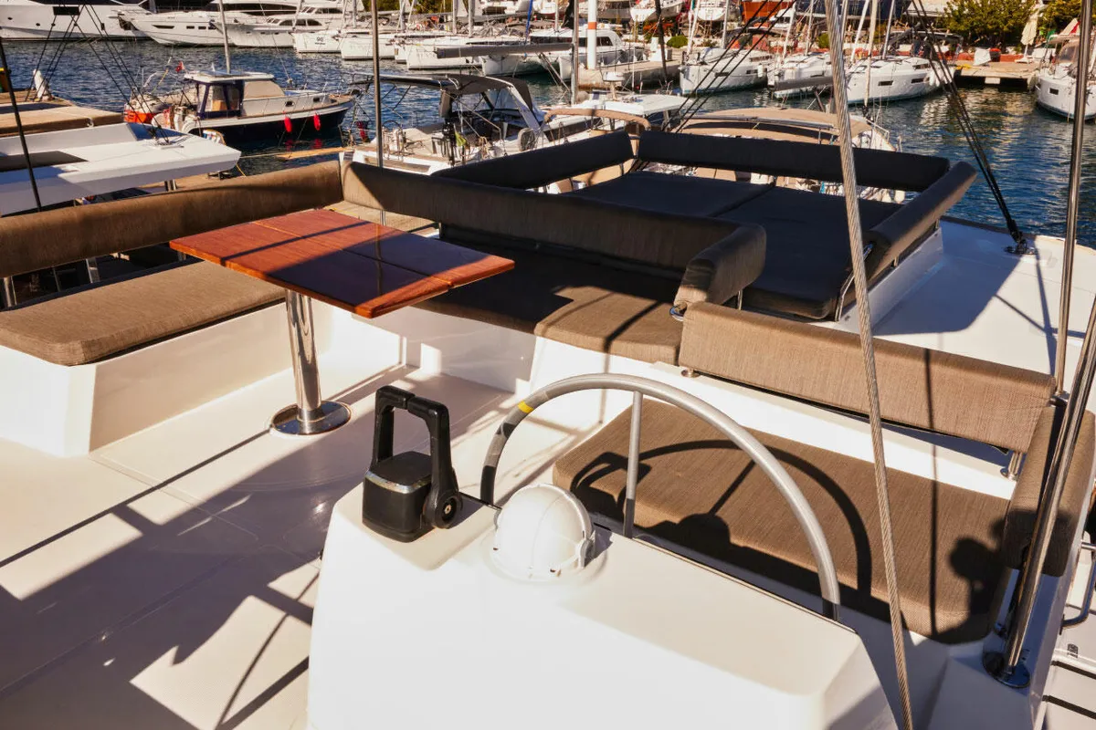 Cockpit of Ediba Senior, a Bali 4.6 catamaran at Marmaris, Turkey