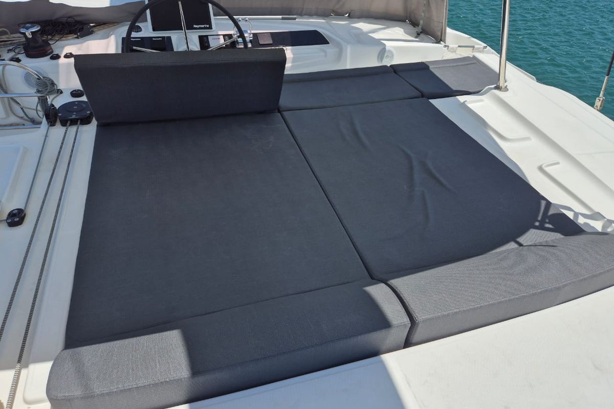 Deck of Perla, a Lagoon 46 catamaran at Athens, Greece