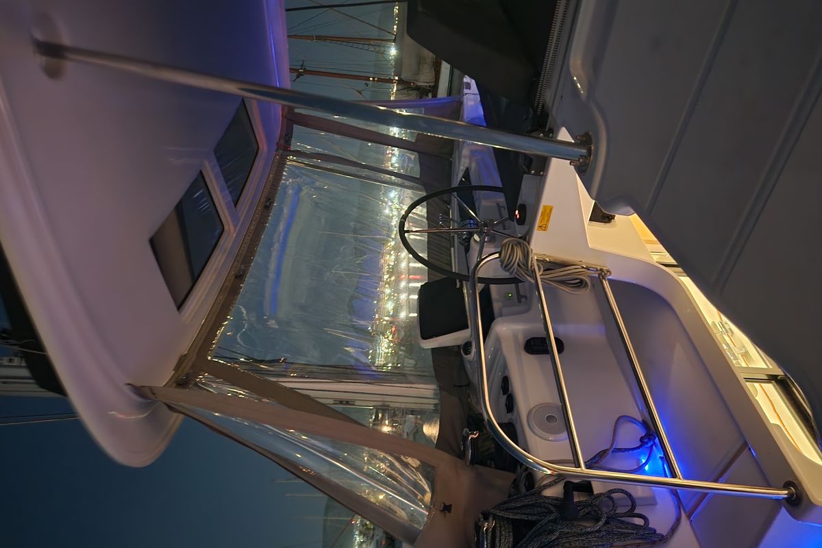 Cockpit of Perla, a Lagoon 46 catamaran at Athens, Greece