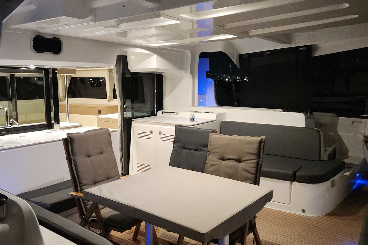 Deck of Perla, a Lagoon 46 catamaran at Athens, Greece