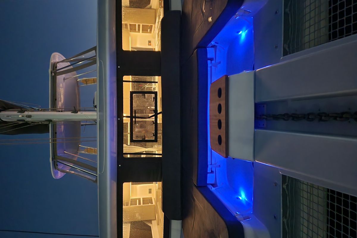Exterior view of Perla, a Lagoon 46 catamaran at Athens, Greece
