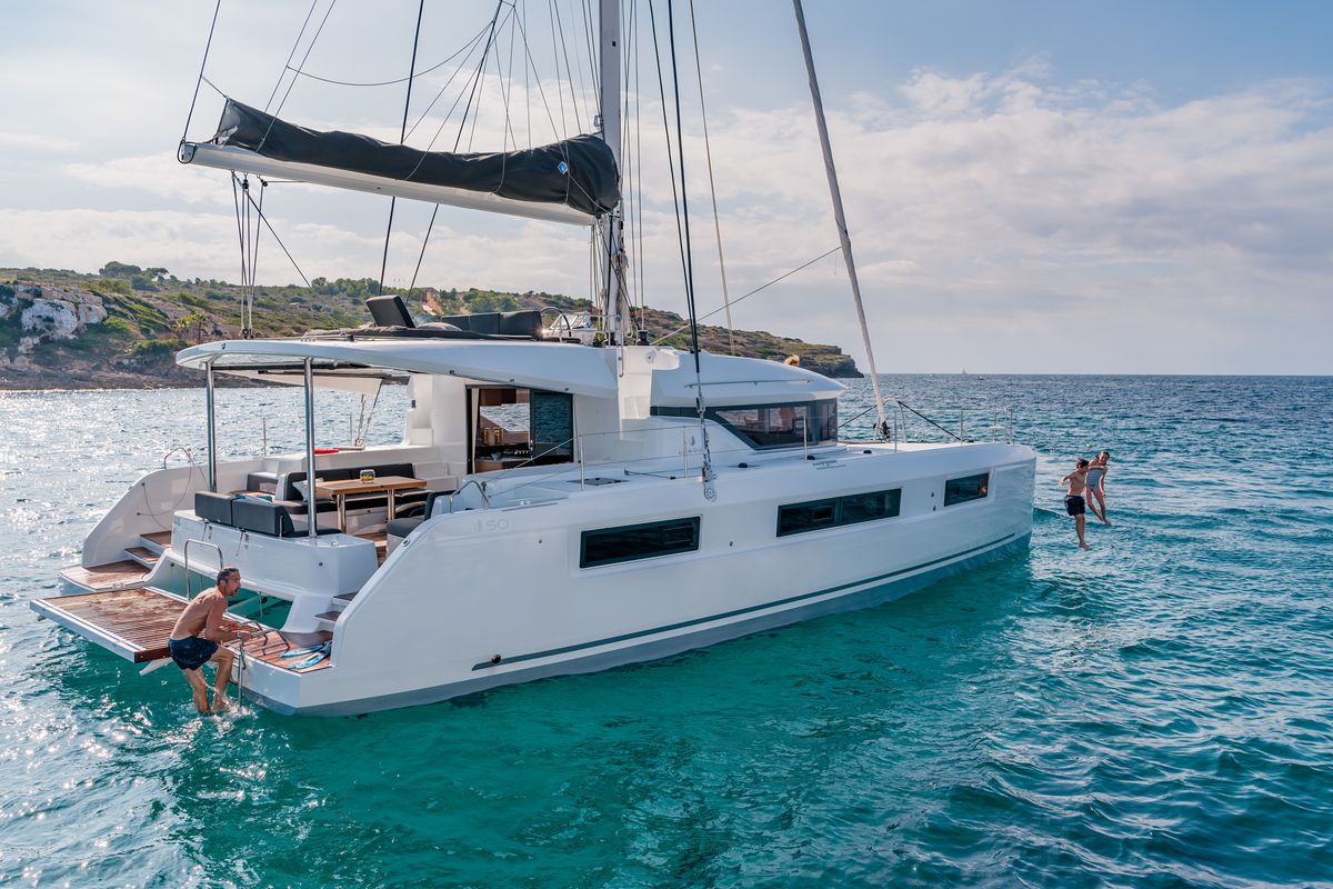 Exterior view of Oneida II, a Lagoon 50 catamaran at Preveza, Greece