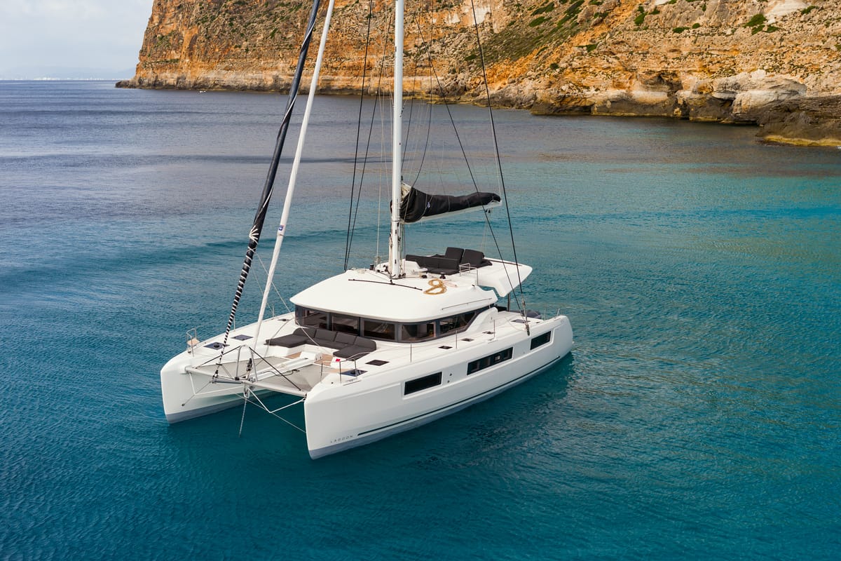 Exterior view of Oneida II, a Lagoon 50 catamaran at Preveza, Greece