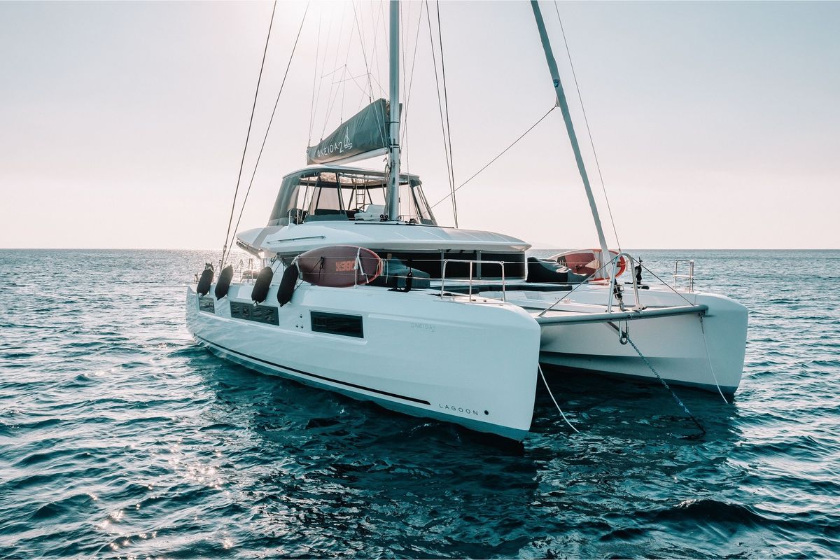 Exterior view of Oneida II, a Lagoon 50 catamaran at Preveza, Greece