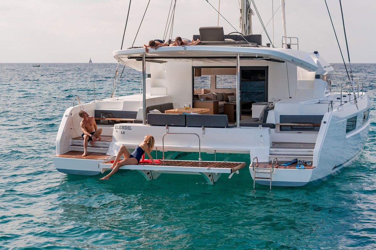 Exterior view of Oneida II, a Lagoon 50 catamaran at Preveza, Greece