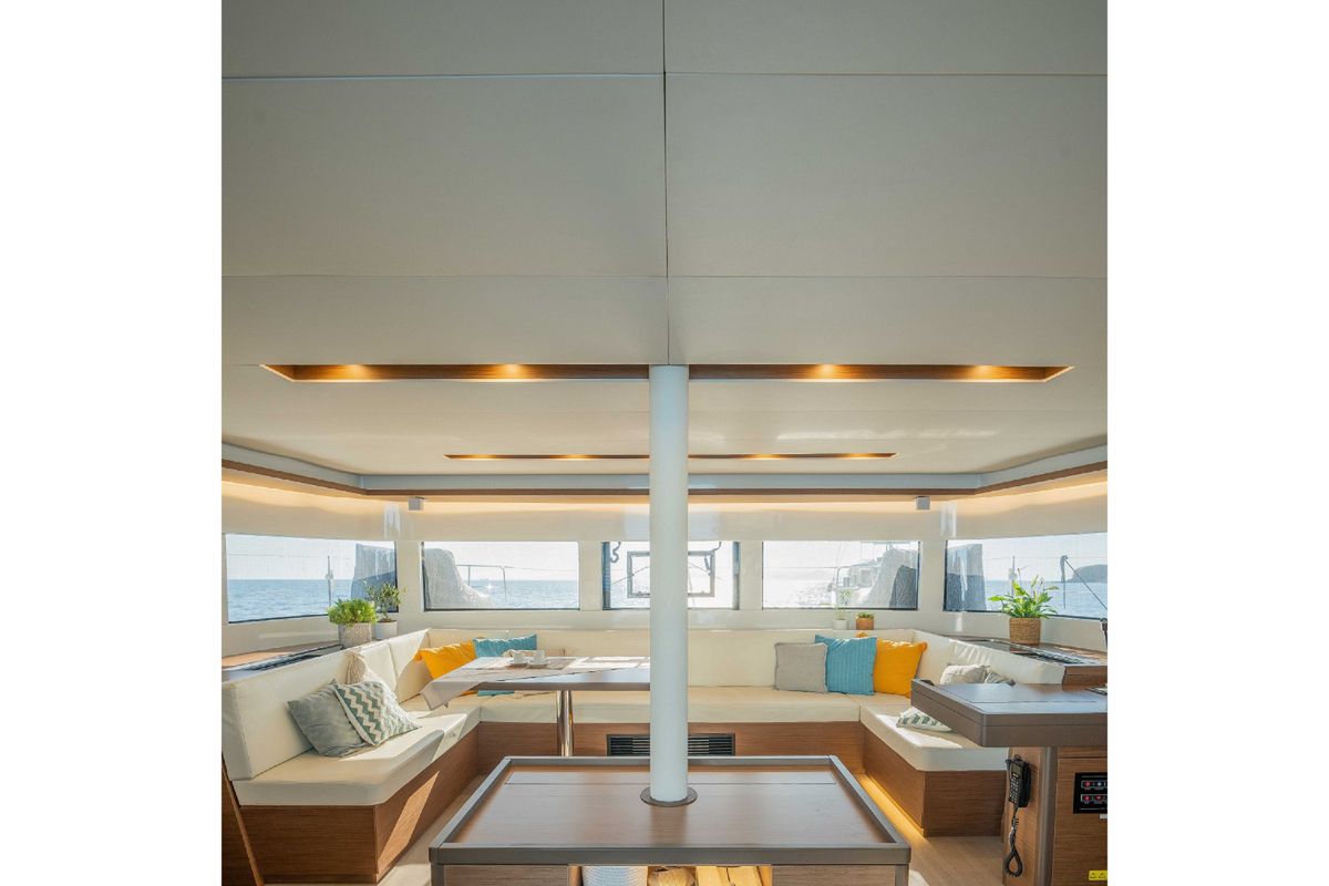 Salon of Oneida II, a Lagoon 50 catamaran at Preveza, Greece