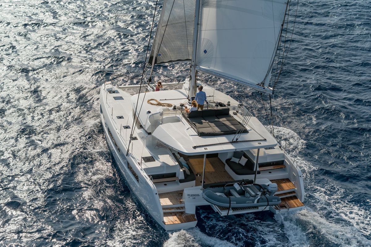 Exterior view of Oneida II, a Lagoon 50 catamaran at Preveza, Greece