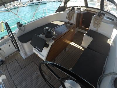 Cockpit of Chriseli, a Bavaria 46 Cruiser sailboat at Municipal Unit of Lefkada, Greece