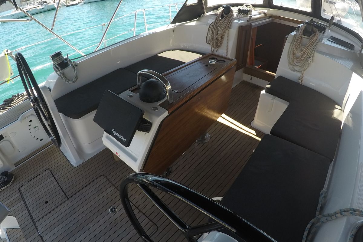 Cockpit of Chriseli, a Bavaria 46 Cruiser sailboat at Municipal Unit of Lefkada, Greece