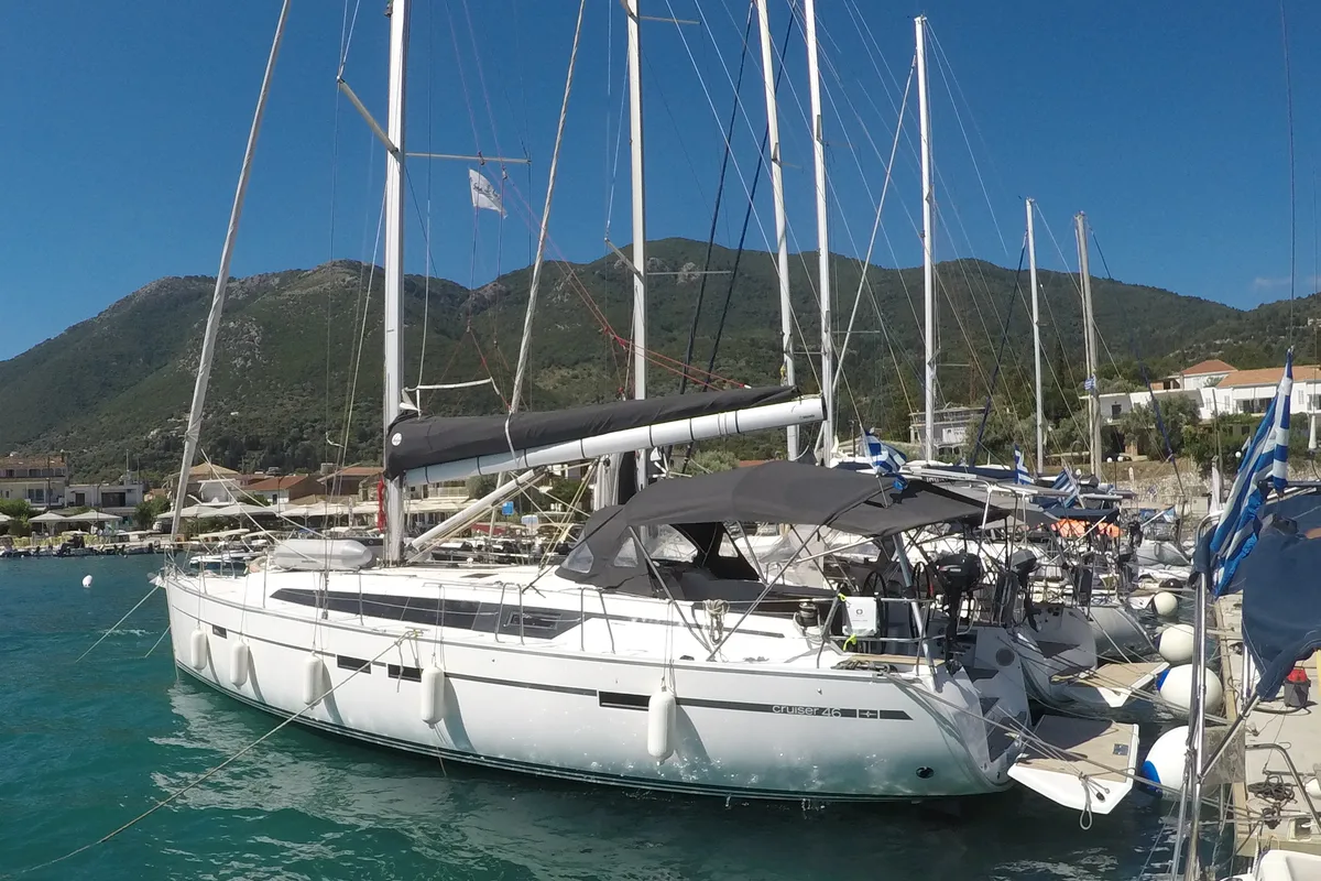 Exterior view of Chriseli, a Bavaria 46 Cruiser sailboat at Municipal Unit of Lefkada, Greece
