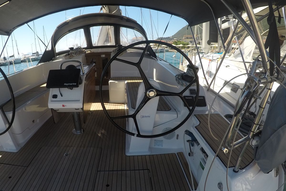 Cockpit of Chriseli, a Bavaria 46 Cruiser sailboat at Municipal Unit of Lefkada, Greece