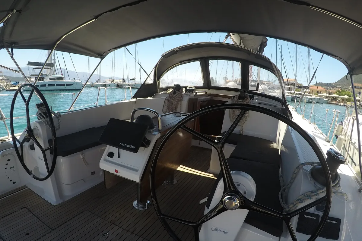 Cockpit of Chriseli, a Bavaria 46 Cruiser sailboat at Municipal Unit of Lefkada, Greece
