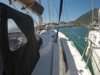 Deck of Chriseli, a Bavaria 46 Cruiser sailboat at Municipal Unit of Lefkada, Greece