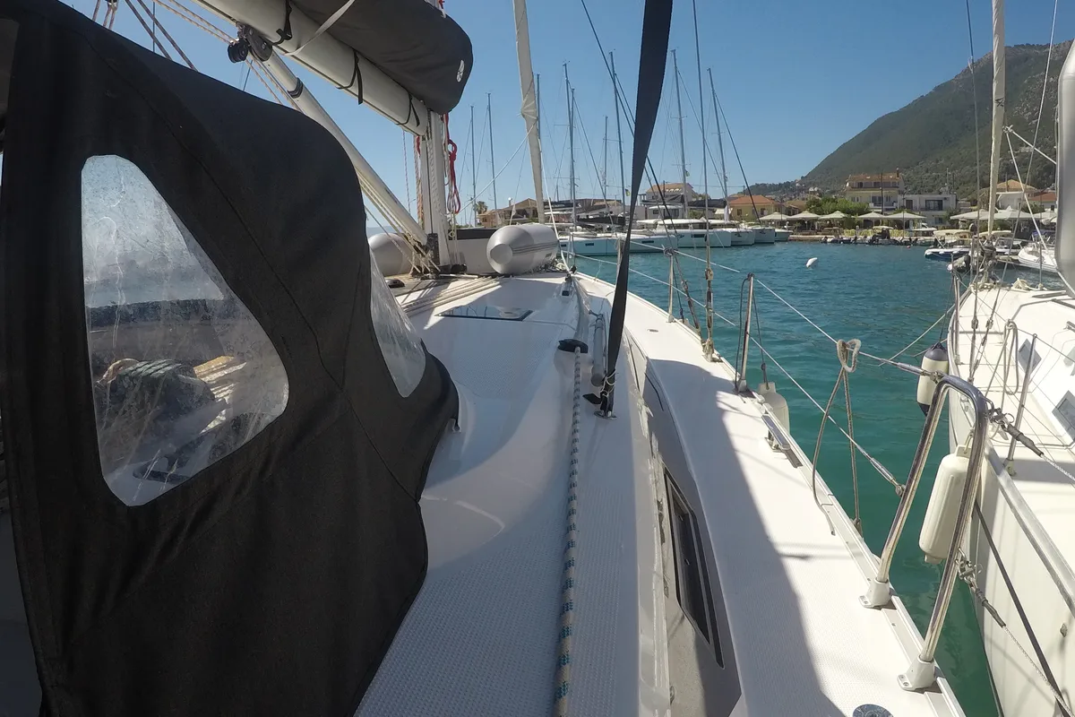 Deck of Chriseli, a Bavaria 46 Cruiser sailboat at Municipal Unit of Lefkada, Greece