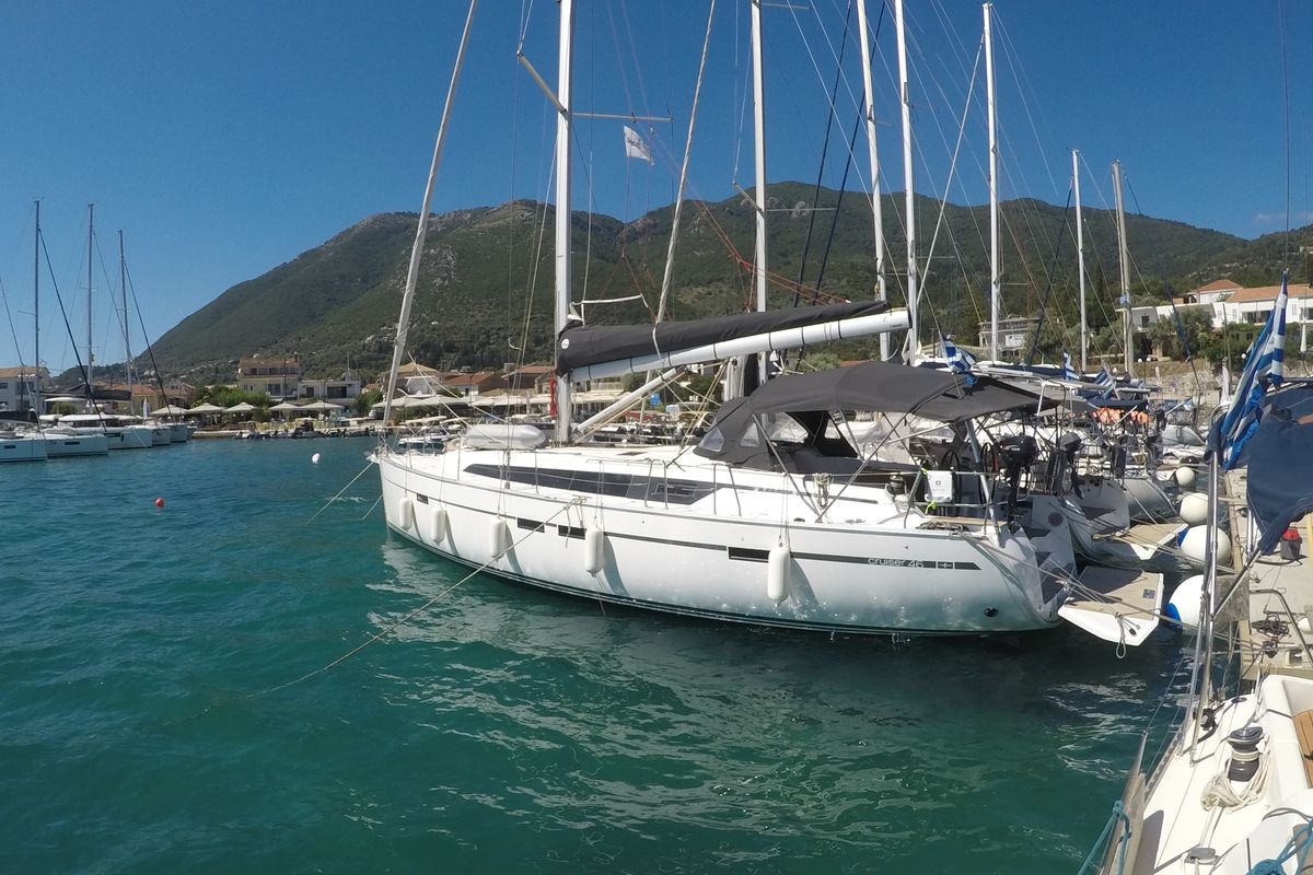 Exterior view of Chriseli, a Bavaria 46 Cruiser sailboat at Municipal Unit of Lefkada, Greece