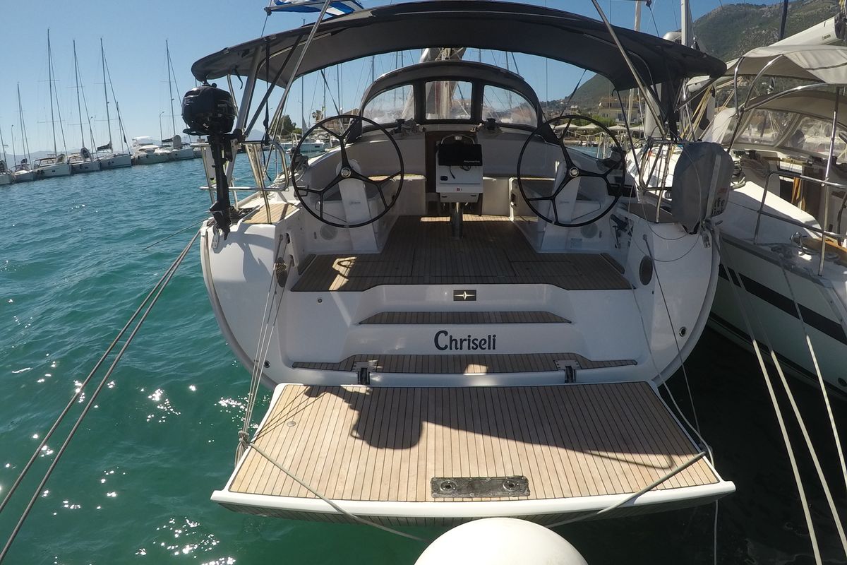 Cockpit of Chriseli, a Bavaria 46 Cruiser sailboat at Municipal Unit of Lefkada, Greece