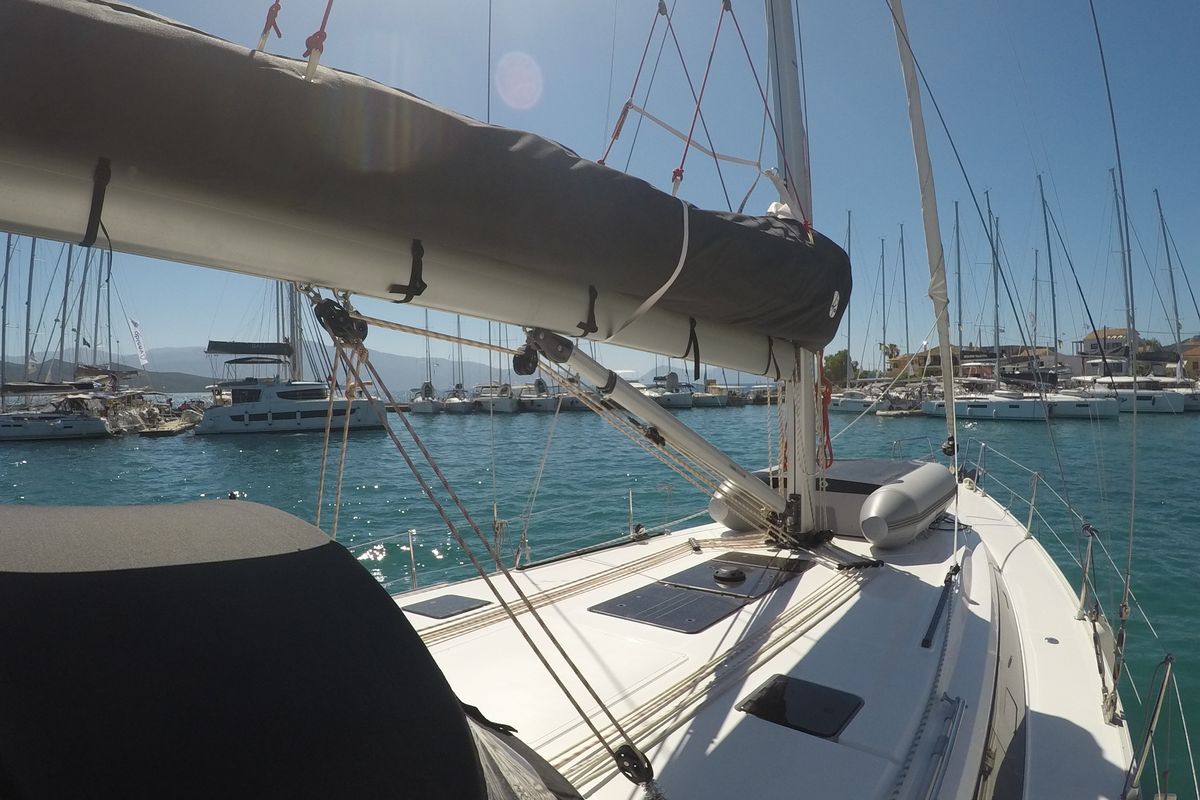Deck of Chriseli, a Bavaria 46 Cruiser sailboat at Municipal Unit of Lefkada, Greece