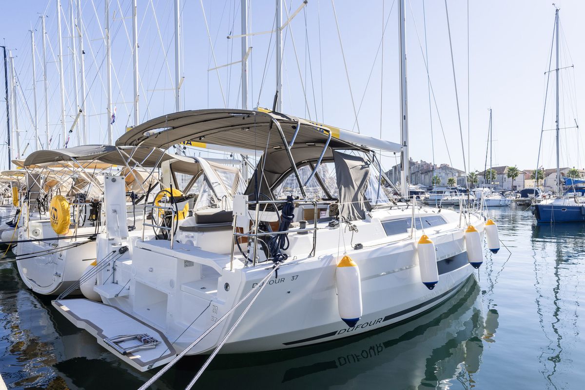 Exterior view of Nessie, a Dufour 37 sailboat at Grad Biograd na Moru, Croatia