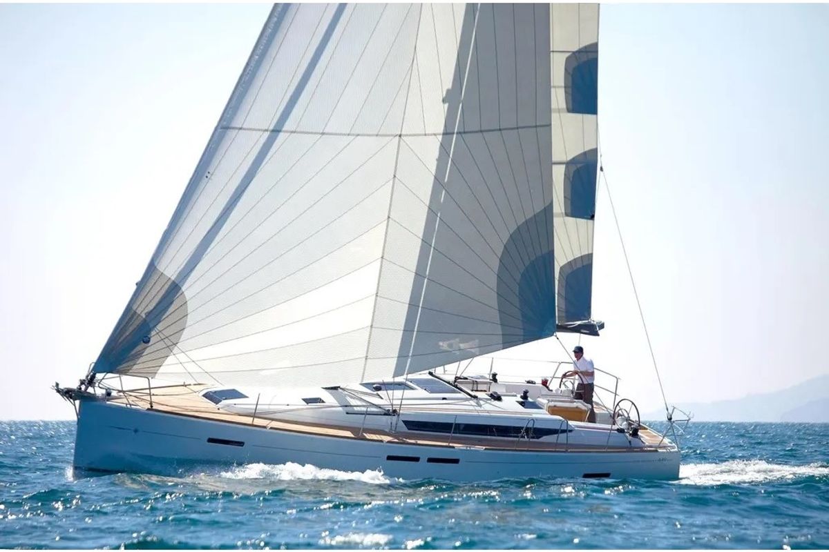 Exterior view of Teorica II, a Jeanneau Sun Odyssey 449 sailboat at Piombino, Italy