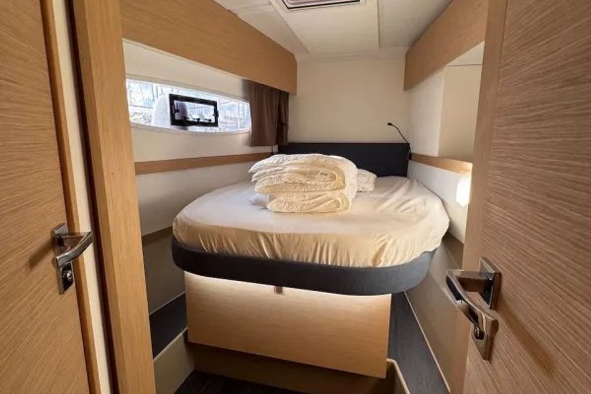Cabin on Kahuna, a Fountaine Pajot Astrea 42 Maestro catamaran at Toulon, France