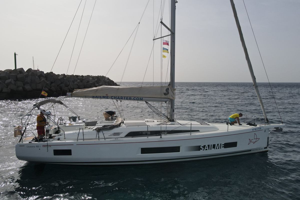 Exterior view of Yess Boss, a Beneteau Oceanis 46.1 sailboat at Ibiza, Spain