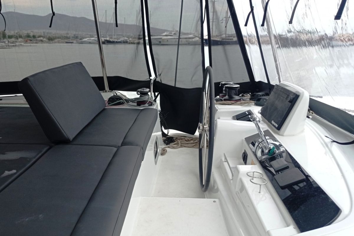 Cockpit of Queen Maro, a Lagoon 46 catamaran at Athens, Greece