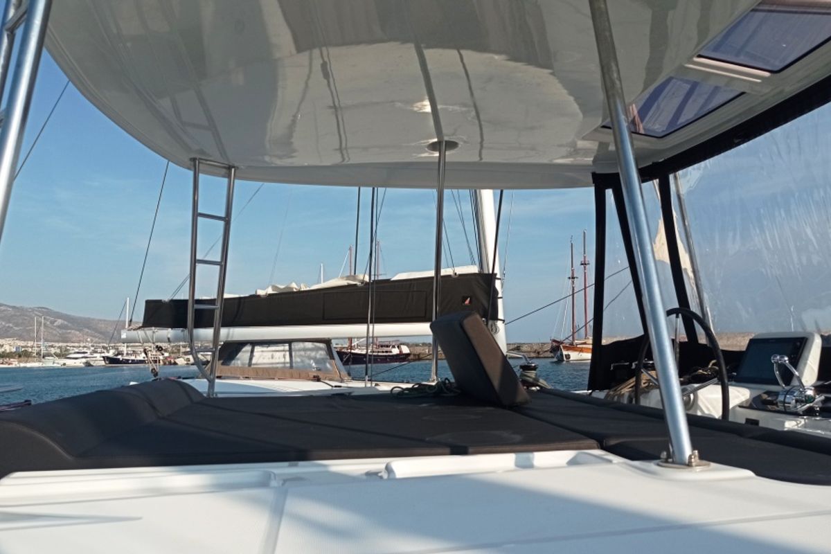 Deck of Queen Maro, a Lagoon 46 catamaran at Athens, Greece