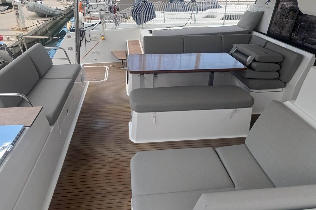 Deck of Coco, a Fountaine Pajot Elba 45 catamaran at Seget Donji, Croatia