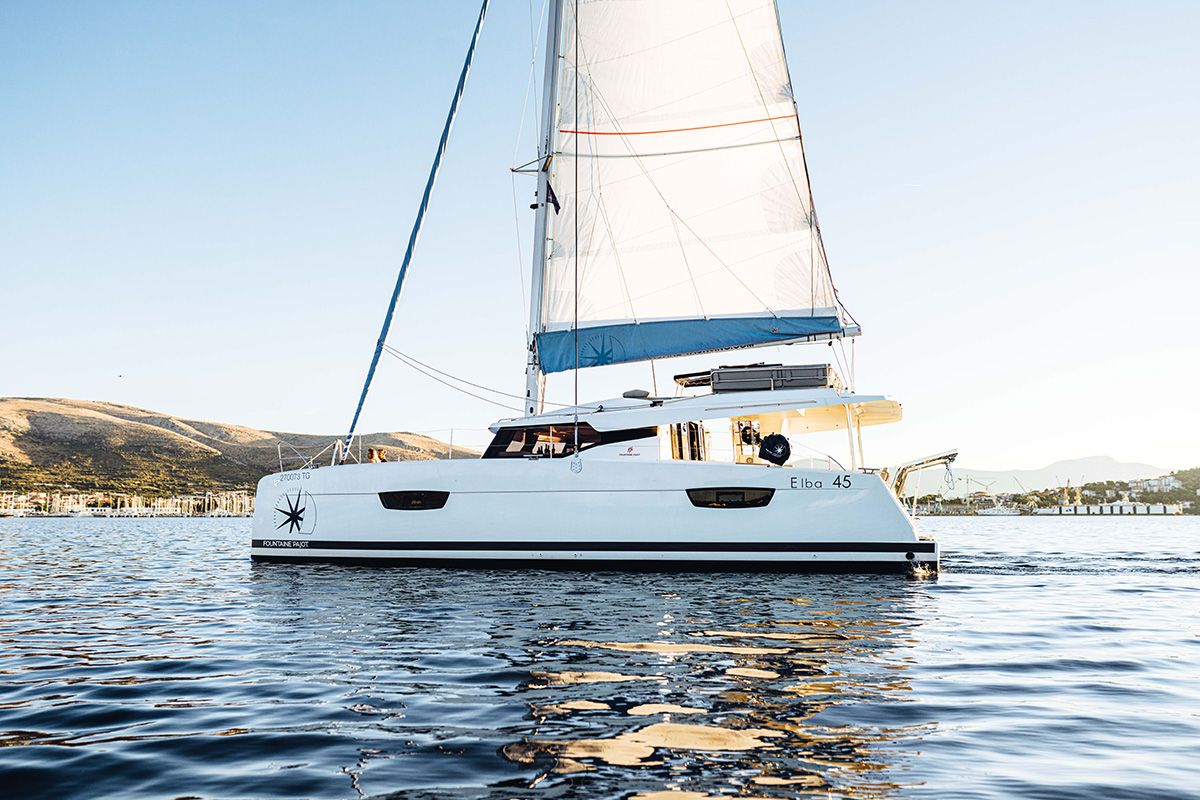 Exterior view of Coco, a Fountaine Pajot Elba 45 catamaran at Seget Donji, Croatia