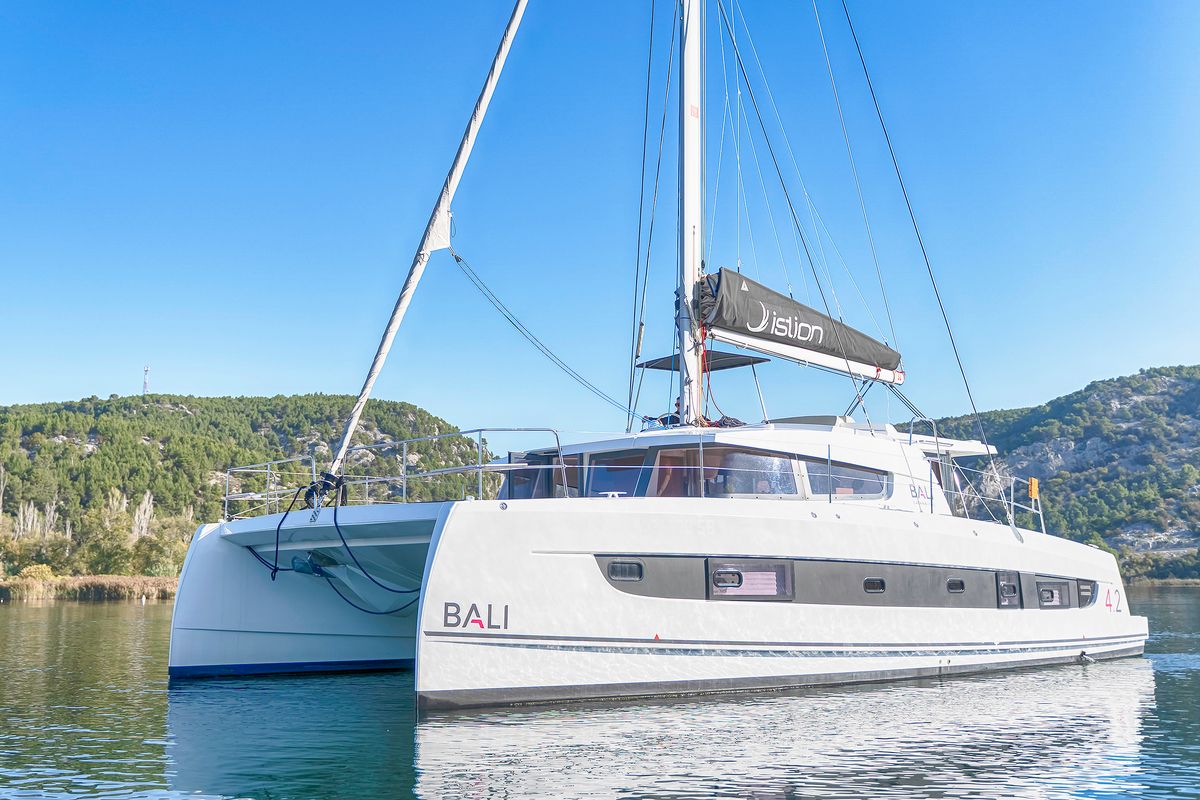 Exterior view of First Spark, a Bali 4.2 catamaran at Skradin, Croatia