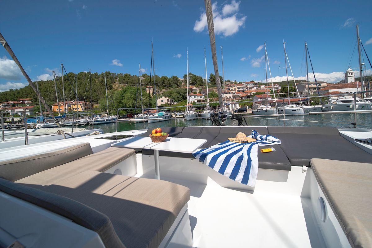 Deck of First Spark, a Bali 4.2 catamaran at Skradin, Croatia