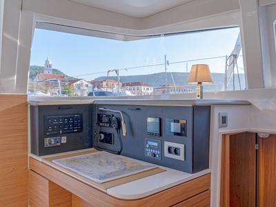 Cockpit of First Spark, a Bali 4.2 catamaran at Skradin, Croatia