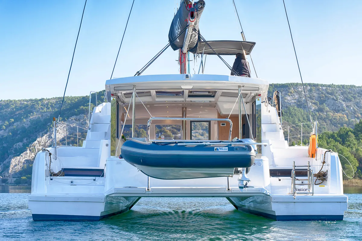 Exterior view of First Spark, a Bali 4.2 catamaran at Skradin, Croatia