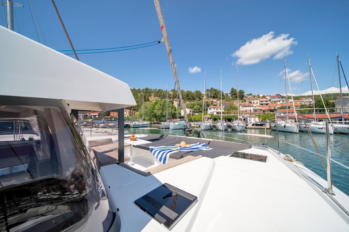Deck of First Spark, a Bali 4.2 catamaran at Skradin, Croatia