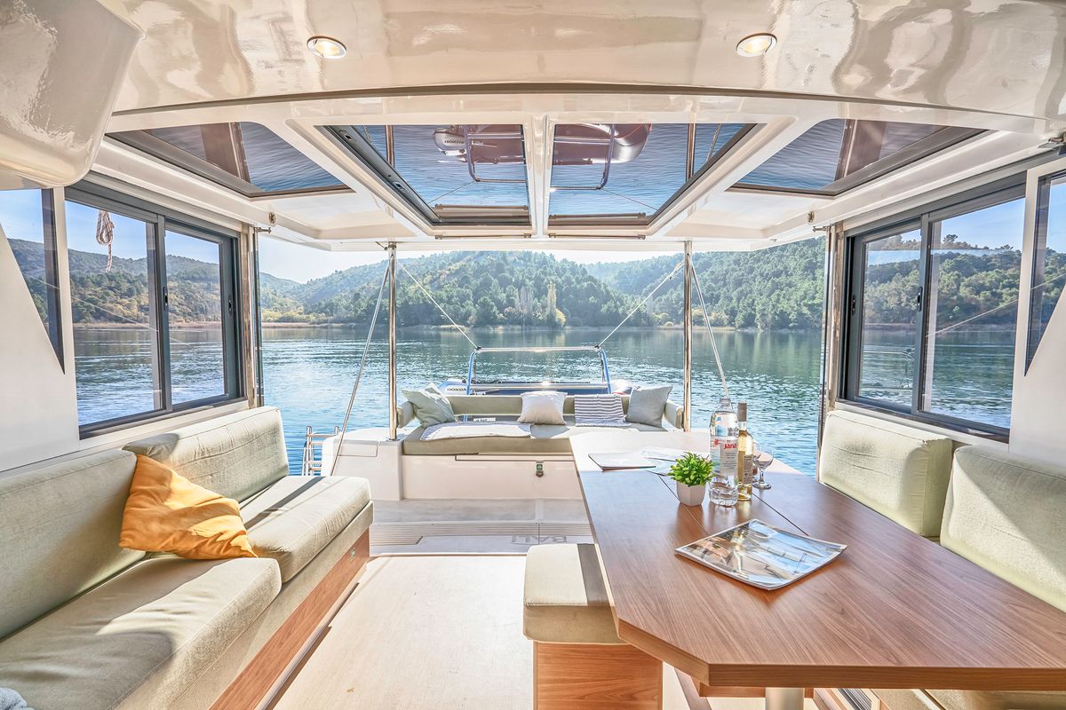 Deck of First Spark, a Bali 4.2 catamaran at Skradin, Croatia