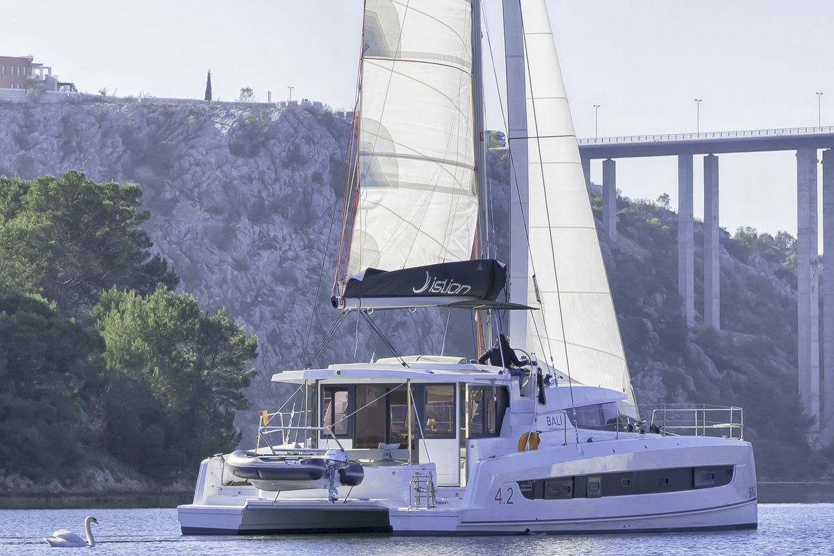 Exterior view of First Spark, a Bali 4.2 catamaran at Skradin, Croatia