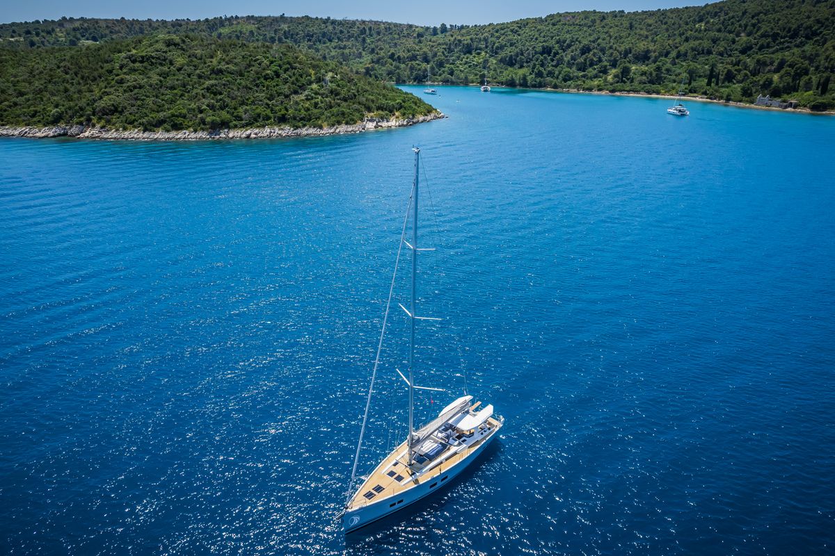 Exterior view of Oceanelle, a Hanse Yachts Hanse 588 sailboat at Seget Donji, Croatia