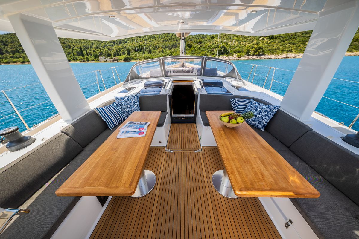 Deck of Oceanelle, a Hanse Yachts Hanse 588 sailboat at Seget Donji, Croatia