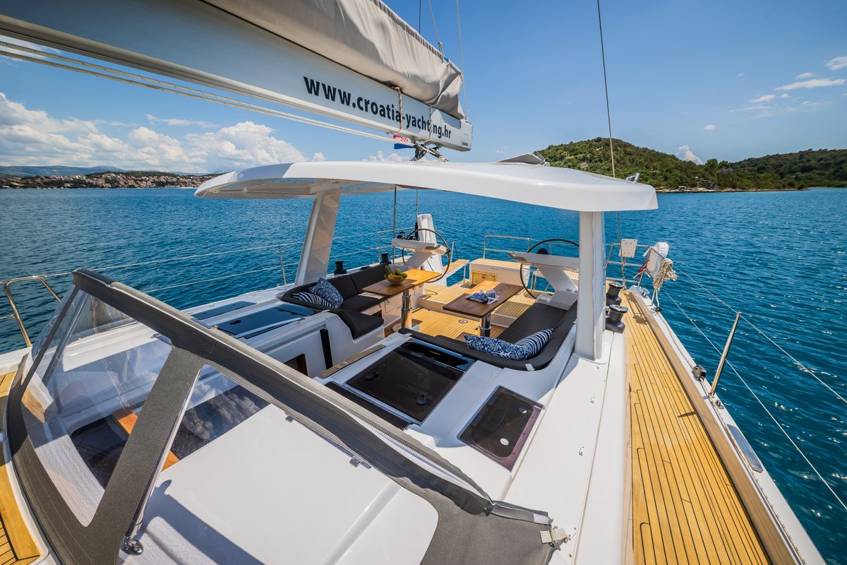 Deck of Oceanelle, a Hanse Yachts Hanse 588 sailboat at Seget Donji, Croatia