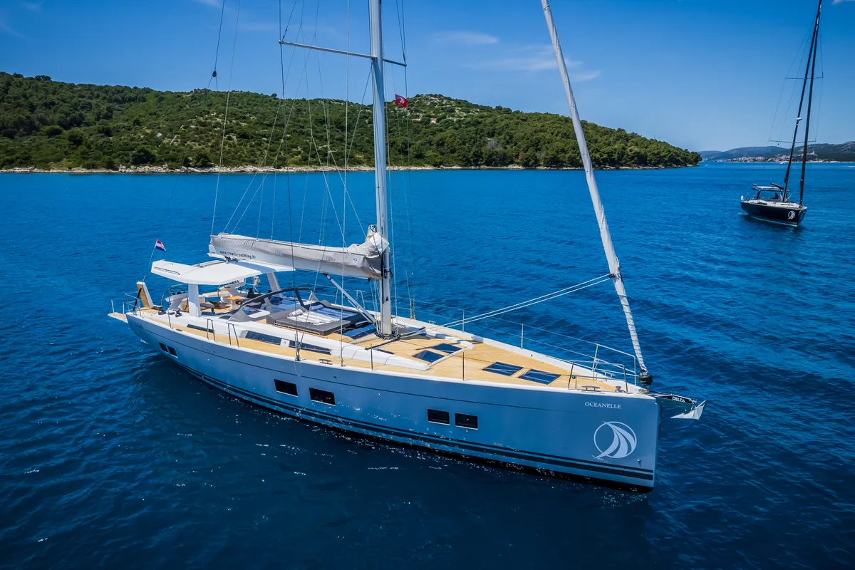 Exterior view of Oceanelle, a Hanse Yachts Hanse 588 sailboat at Seget Donji, Croatia